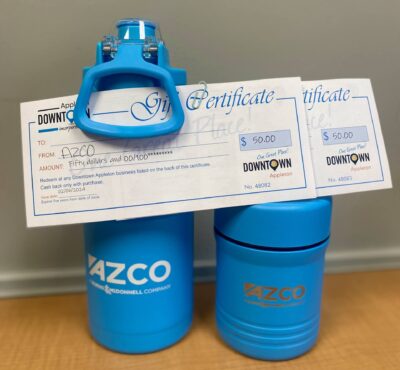 Water bottle, container and $100 in Downtown Appleton Gift Certificates Donated by AZCO, Inc.